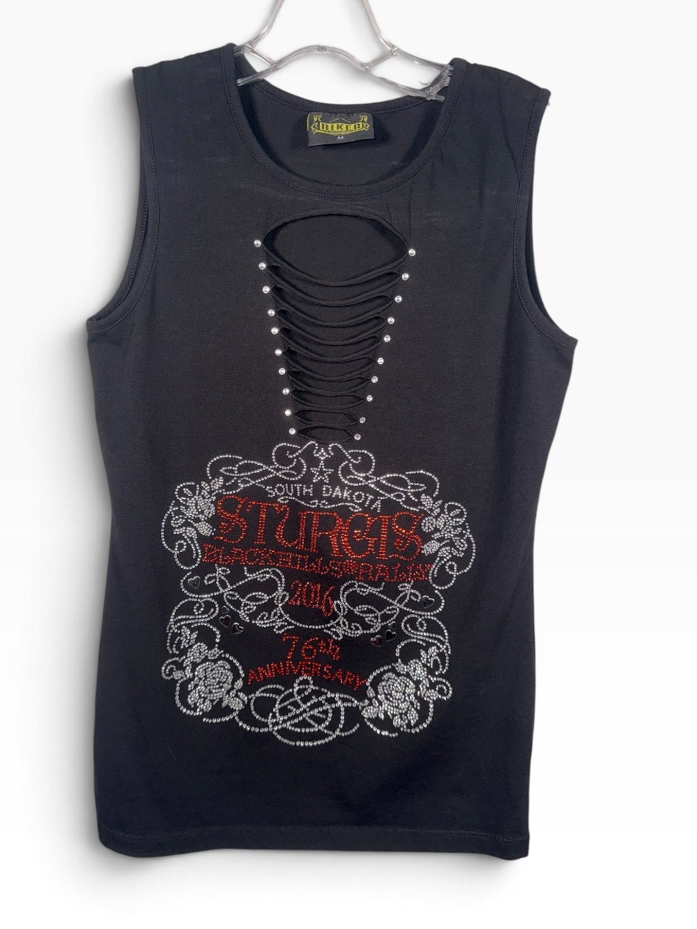 Black Sleeveless Tank with Rhinestone Lace-Up Detail